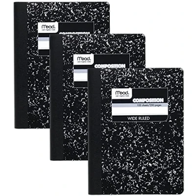 Image of Mead Composition Notebook, Wide Ruled Paper, 9 3/4&quot; x 7 1/2&quot;, 100 Sheets per Black Marble (38301), Pack of 3