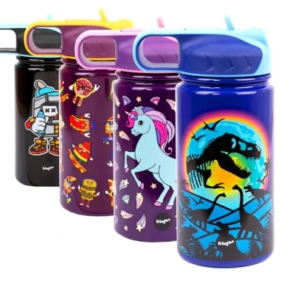 Image of Fringoo 350ml Toddler Water Bottle Insulated Stainless Steel and Straw Fliptop Durable Cool Design Dinosaur Moon