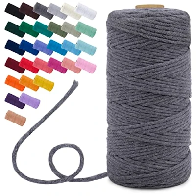 Image of Uiopa Macrame Cord 3mm x 100m, Single Strand Yarn Thick Thread Natural Cotton Cord, Coloured Craft String for DIY Crafts, Wall Hanging, Plant Hanger, Tassels (Gray)