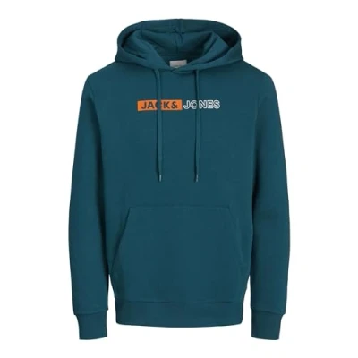 Image of JACK &amp; JONES Men&#039;s Jjecorp Logo Sweat Hood Play Noos Sweatshirt, Deep Teal/Print:Play 5, XS