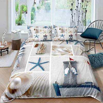 Image of Homewish Nautical Bedding Set Beach Theme Comforter Cover Double Size Marine Sail Boat Duvet For Kids Boys Girls Teens Lighthouse Pearl Bedspread Living Room Decor