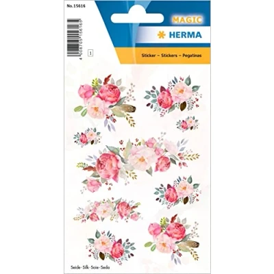 Image of HERMA 15616 Silk Stickers for Children, Peonies (9 Stickers, Fabric, Matte) Self Adhesive, Permanent Adhesive Motif Labels Girls and Boys, Colourful