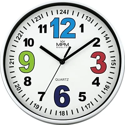 Image of MPM Quality Design Children&#039;s Wall Clock Plastic with Distinctive Coloured Numbers, White, Quartz Sweep, Colourful Clock, Diameter 200 x 34 mm, Ideal for Room, Nursery or School
