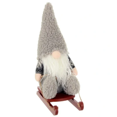 Image of Mr Crimbo Festive Gonk Wooden Sledge Christmas Decoration Fabric Gnome 36cm Grey