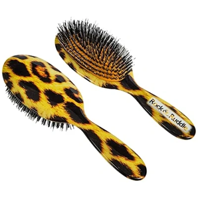 Image of Rock &amp; Ruddle Natural Mixed Boar Bristle Hair Brush for Women and Kids (Large, 21cm) Perfect Wet or Dry Hair, Detangling Smoothing Blowdrying Designed Made in UK Leopard Print Design