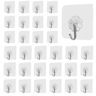 Image of LUKASOHY Adhesive Hooks, Self Kitchen Wall Pack of 30, Transparent, Reusable, Seamless Waterproof and Oil Resistant, Hooks for Bathroom, Kitchen, Office