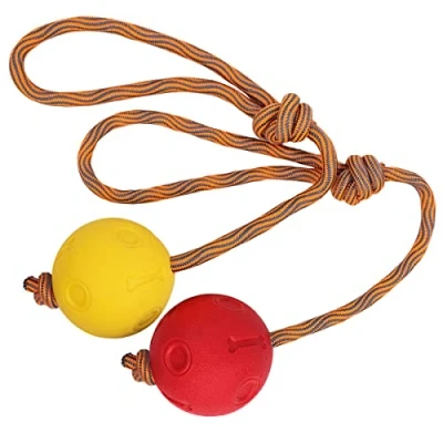 Image of Rope Dog Toy, 2 Pack Ball on a Toys Durable Elastic Solid Rubber Balls for Fetch, Catch, Throw and Tug of War (7 cm, Red + Yellow)