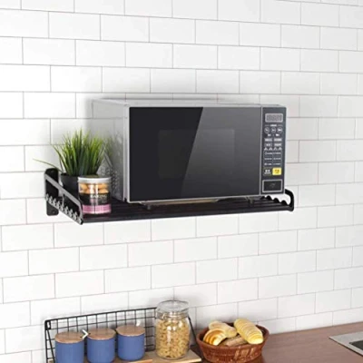 Image of QIKEGooods Microwave Rack Shelf Black Storage Shelves Wall Mounted Space Aluminum Kitchen