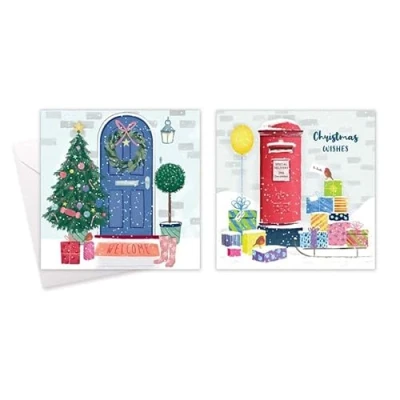 Image of Tallon Festive Wonderland Square Xmas Christmas Cards, Box of 10, Assorted Designs (XCA0207 Contemp Postbox/Door)