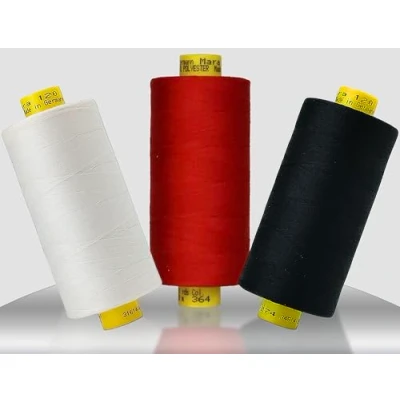 Image of Gütermann Mara 120 3 Thread Sewing Set 1000mtr/1093yd per Bobbin Sew All Polyester Black and White Red 364