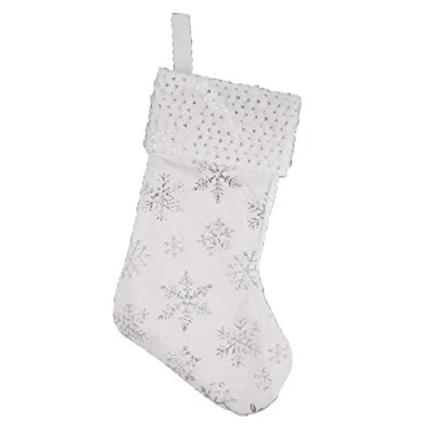 Image of Theme Machine Christmas White Velvet Stocking with Silver Glitter Snowflakes and Sequins