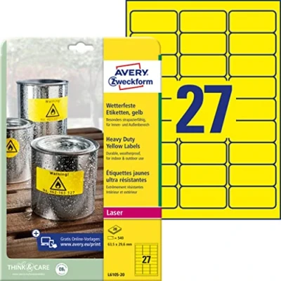 Image of Avery Zweckform L6105 20 Heavy Duty Weatherproof Labels for Shelves 63.5 x 29.6 mm Sheets
