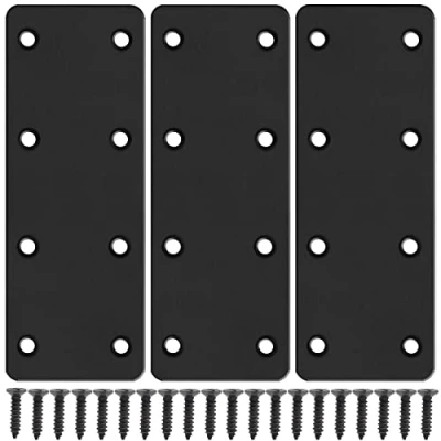 Image of Flat Straight Brace Brackets, Mending Plate Bracket, Stainless Steel Fixing Plates for Repair Joining Furniture, Black 3 Pcs