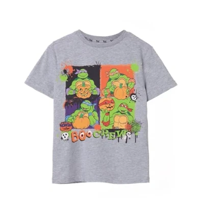 Image of Teenage Mutant Ninja Turtles Kids T Shirt Boo Crew Halloween Graphic Tee for Children TMNT Seasonal Grey Short Sleeve Top Spooky and Fun Merchandise Gift Boys Girls