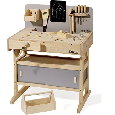 Image of howa Solid Wooden Kids Workbench Large Childrens with Toolbox &amp; 32 Realistic Tools, Aadjustable working height, Stable, Vice, Tool Rail, Storage Space 4900