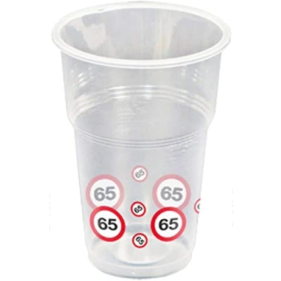 Image of Traffic Sign 65th Party Cups Pack of 10, 10 Plastic Glasses with Design each Glass 11cm.