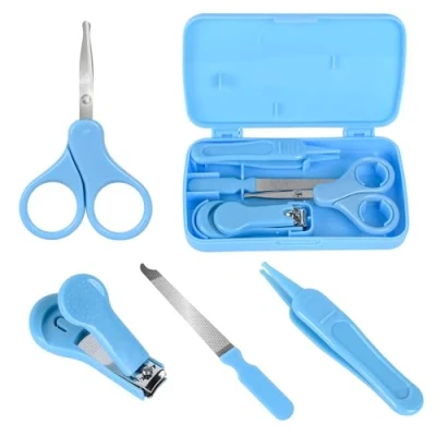 Image of Baby Nail Care Set by Econtal, 4 in 1 Grooming Kit Blue, Clipper, Scissors, File &amp; Tweezers, Manicure Pedicure, Newborn, Infant, Toddler