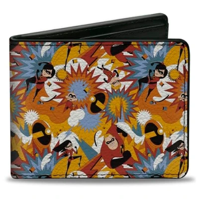 Image of Buckle Down Disney Wallet, Bifold, The Incredibles Character Action Poses Yellow Multi Color, Vegan Leather, Multicolor, 4.0&quot; x 3.5&quot;, Casual