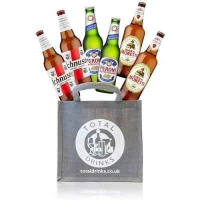 Image of Premium Italian Lager Mixed Case Gift Set of 6 x 330ml Beers World Beer in Jute Ichnusa, Peroni, Moretti