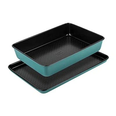 Image of Prestige x Nadiya Non Stick Baking Trays Set of 2 Deep Roasting Tin 33 23cm &amp; Large Oven Tray 38 25cm, Fridge, Freezer Dishwasher Safe Steel Bakeware, Blue/Black