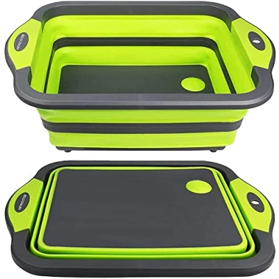 Image of Collapsible Cutting Board Multifunction Chopping Board, Basin Drainer &amp; Washing Bowl Dish Tub Draining Plug Kitchen Scissors Portable Drain Basket for Camping, Picnic, BBQ (Green)