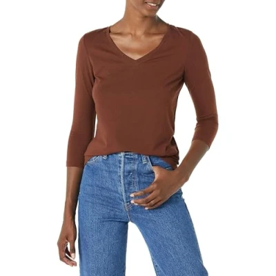 Image of Amazon Essentials Women&#039;s Classic Fit 3/4 Sleeve V Neck T Shirt (Available in Plus Size), Dark Brown, M