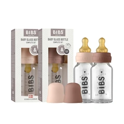 Image of BIBS Baby Glass Bottle 2 Pack 110ml. Anti Colic. Vented Round Natural Rubber Latex Nipple. Supports Breastfeeding, Complete Set 110 ml (Pack of 2), Blush/Woodchuck