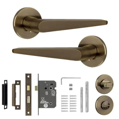 Image of Decoranddecor Antique Brass Door Handles Internal Aluminium Handle Sets for Interior Doors with Bathroom Lock and Turn Release Terra Range