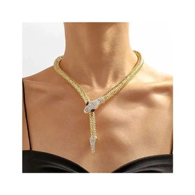 Image of Cubahop Snake Pendant Choker Necklaces Bracelets Set Rhinestones Necklace Hand Chain Jewelry for Women and Girls (Gold Necklace)