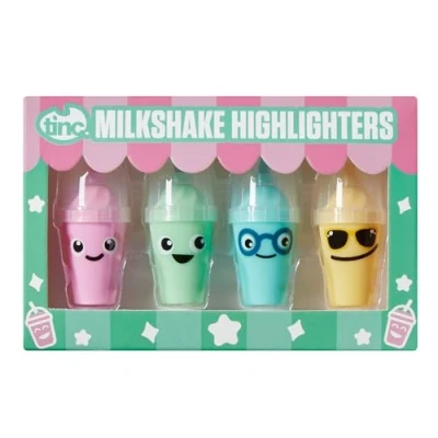 Image of Tinc Milkshake Shaped Coloured Highlighter Pens For Kids use at School &amp; Homework Four Funky Colours Yellow Green Blue and Pink