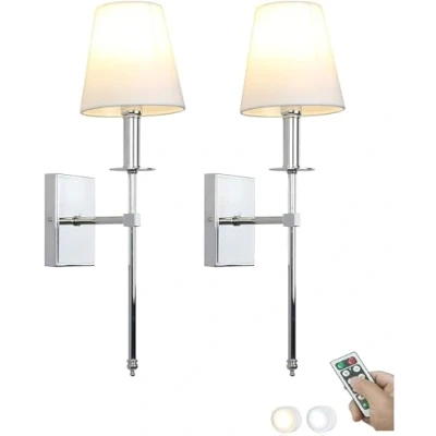 Image of Wall Sconce, Light Battery Operated Chrome Sconce Set of 2 Not Hardwired Dimmable LED Bulb Powered Lights Fixture with Remote Fabric Shade Modern Lamp f