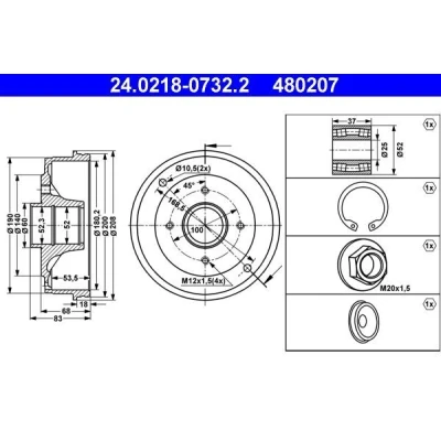 Image of 7700419824 Brake Drum ATE 24.0218 0732.2 with wheel bearing 208,0mm RENAULT: CLIO 2, 1, Super 5 Hatchback