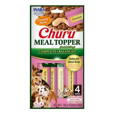 Image of Churu Meal Toppers by INABA Dog Treat Chicken with Salmon Recipe (4 x 14g) / Soft &amp; Creamy, Delicious Healthy Purée Food Topper, Natural, Grain Free