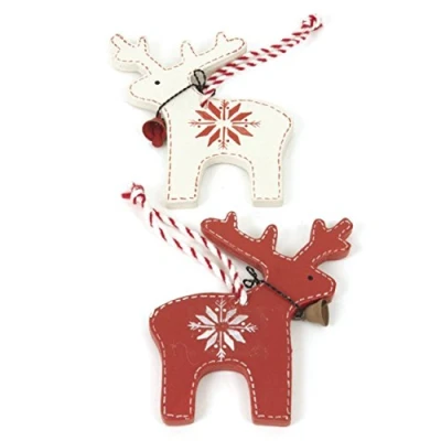 Image of Heaven Sends Set of 2 Wooden Red &amp; White Nordic Reindeer Christmas Tree Decorations (9cm)