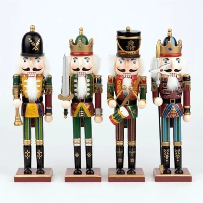 Image of SHATCHI 38cm Assorted Wooden Christmas Nutcrackers 4pcs Set Soldiers King Puppet Figurines Xmas Home Decoration Ornament