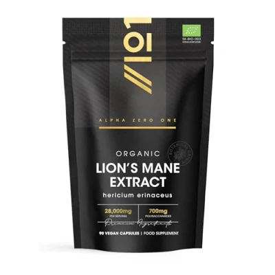 Image of Organic Lions Mane Supplement 28,000mg 50% Polysaccharides (700mg) 90 Vegan Capsules High Strength Mushroom Resealable and Recyclable Pouch by Alpha01