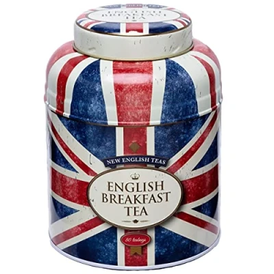 Image of New English Teas Union Jack Round Tea Caddy With 80 Breakfast Teabags