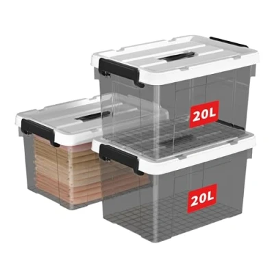 Image of Cetomo 20L*3 Storage Boxes, Carry Plastic Box with Lids, Organizing Container Handle and Secure Latching Buckles, Stackable, Nestable, Tote Bin for Home Clothes, 20L 3Pack, Clear Black