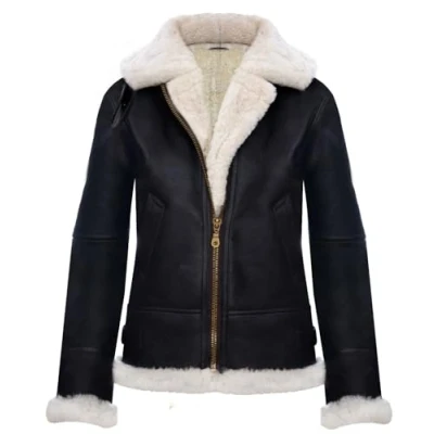 Image of Womens Hooded Sheepskin Jacket B3 Flying Leather RAF Aviator Pilot Brown Ginger 2XL
