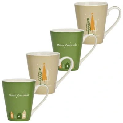 Image of Christmas Mugs Set of 4 Porcelain 380 ml with Festive Saying Cute Coffee Cups 13 x 9 cm Merry Mulled Wine Cup for Winter Porcelain, Dishwasher Safe
