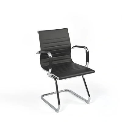 Image of EVRE Office Chrome Cantilever Desk Chair, for Meeting Boardroom &amp; Visitor Reception with Stainless Steel Frame Ribbed PU Padded Faux Leather Curved Seat (Black)