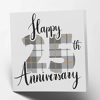 Image of Maturi Happy 25th Anniversary Tartan Greetings Card Blank Inside, 15.5 x cm Square