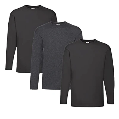 Image of Fruit of the Loom Men&#039;s Long Sleeved Valueweight Tee Sports Top, 2 Black + 1 Dark Heather Hlkauf Notepad, XXL