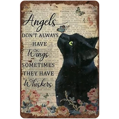 Image of Angels Don&#039;t Always Have Wings Sometimes They Whiskers Tin Sign Vintage Floral Black Cat Lovers Gift Metal Plaque Man Cave Pub Club Home Wall Decoration 12x8 Inch