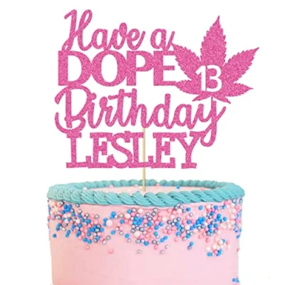 Image of GuteGifts Personalised Have a Dope Birthday Cake Topper Pot Leaf Green Weed Theme Party Decoration for Baby Shower Wedding Custom with Any Name &amp; Age Glitter Card (Pink)