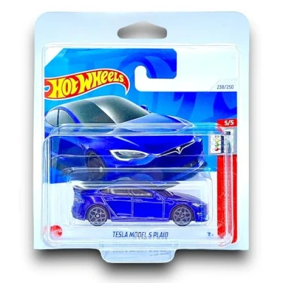 Image of Hot Wheels Tesla Model S Plaid (Blue) 5/5 Quarter Mile Heroes 2024 238/250 (Short Card) includes a KLAS Car Keeper Protector Case HRY91