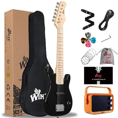 Image of Winzz 30 Inch Mini Electric Guitar Children&#039;s Maple Fingerboard Beginner Set for Children with Amplifier (Black), EGM100