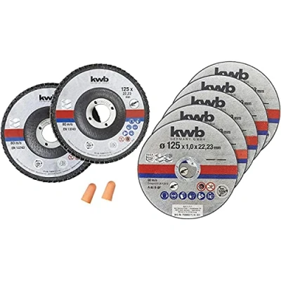 Image of kwb 7 Piece Metal Cutting and Grinding Disc Set, Ø125 mm, Thin Diamond Angle Grinder Discs, Includes Earplugs