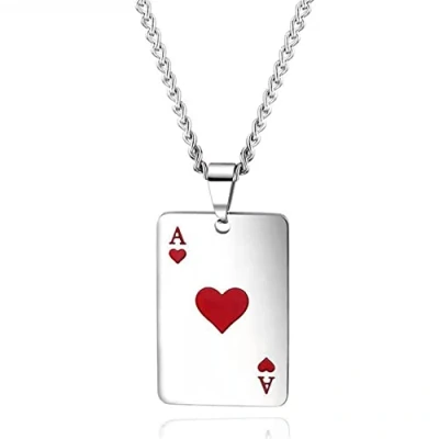 Image of HMOOY Ace of Spades Necklace, Stainless Steel Silver Playing Poker Card Pendant Necklace Lucky Punk Rock Cool Hip Hop Jewellery for Men Women (Red)