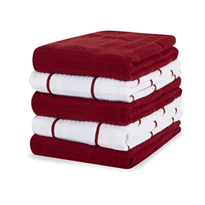 Image of Sticky Toffee Pack of 5 Absorbent 100% Cotton Kitchen Towels 16&quot; x 28&quot; Red Ideal for Bar and